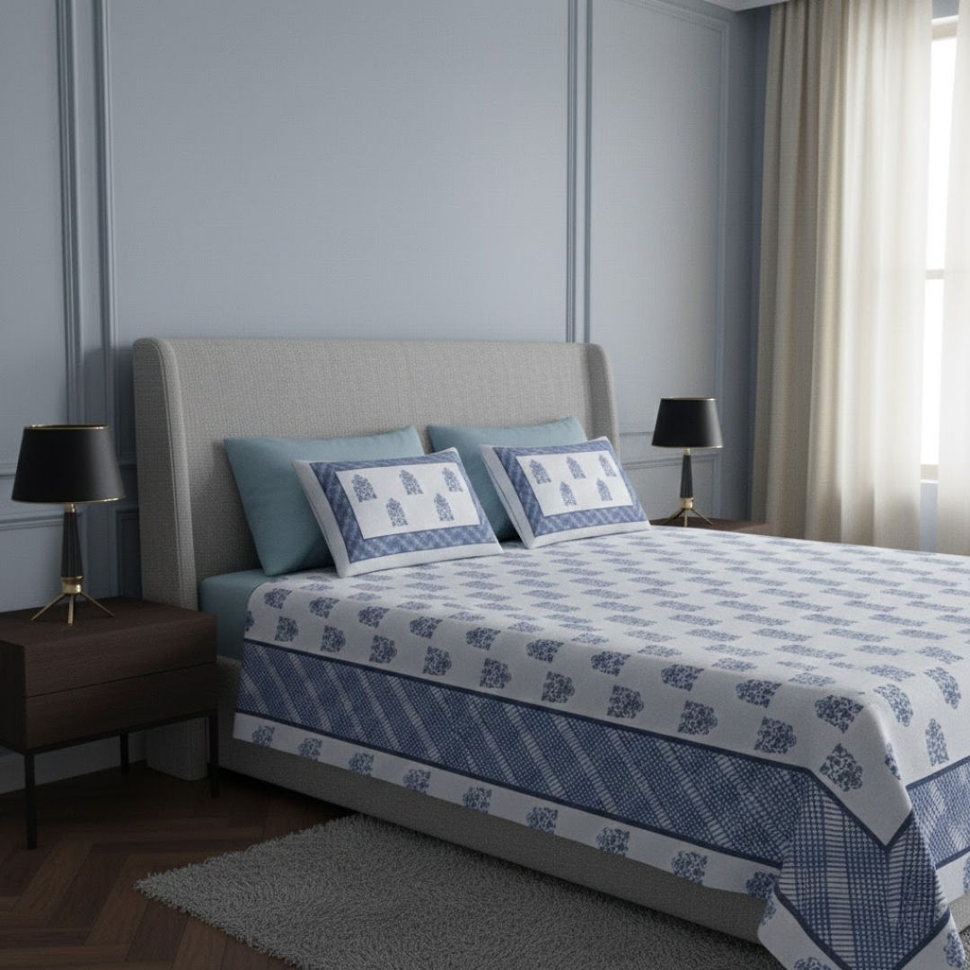 Double Bedsheet White Blue Hand Block Print